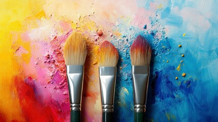 Three Paintbrushes on a Vibrant Abstract Canvas