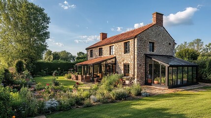 Agricultural farmhouse with modern features, including a greenhouse.