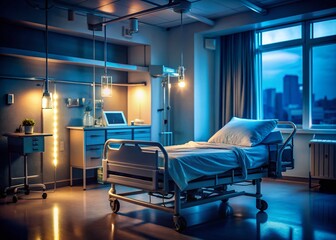 Low Light Hospital Room, Medical Care, Patient Bed, Nighttime Hospital, Healthcare Setting
