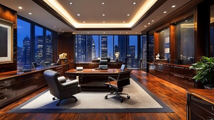 A luxurious financial firm office with rich mahogany wood paneling, seamless glass enclosures, and a breathtaking panoramic view of the financial district skyline.