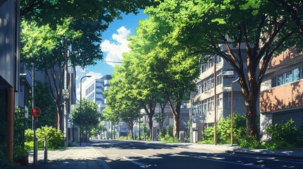 A serene street scene with trees and modern buildings