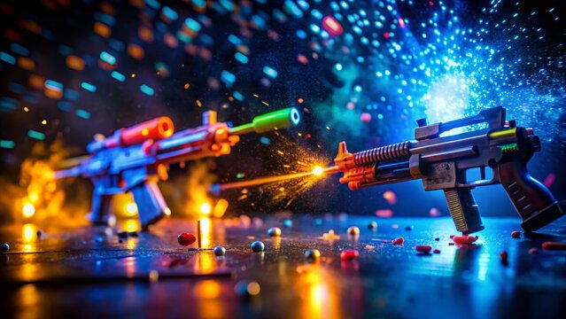 Low Light Nerf Gun Battle: Dramatic Action Shot in Dark Room