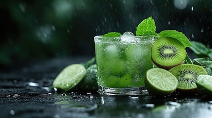 Fototapeta premium Refreshing green drink with kiwi and lime. Icy beverage garnished with fresh mint leaves, perfect for a hot day