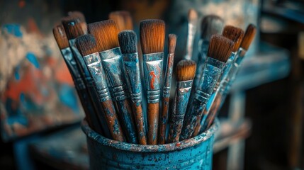 Fototapeta premium Used Paint Brushes in a Metal Container - Artist's Supplies