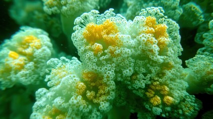 Obraz premium Vibrant Green And Yellow Coral Polyps Underwater Close Up