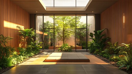 A vibrant startup office with an open-concept layout, modular glass-walled meeting rooms, and warm wood paneling. Natural light floods the space through large windows,