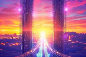 Futuristic towers connected by glowing broadband cables under a vibrant sunset sky, bridging digital worlds.