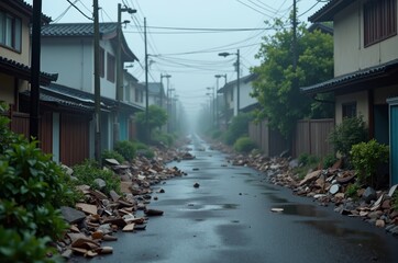 A serene neighborhood street lined with houses and trees