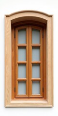 A wooden window with a curved top and six panes, set in a wooden frame