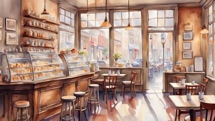 A watercolor painting depicts a cozy Parisian cafe interior filled sunlight, showcasing pastries, wooden tables, chairs, offering a tranquil atmosphere.