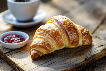 Freshly baked croissant with buttery golden-brown layers, showcasing its flaky texture and crispy exterior.