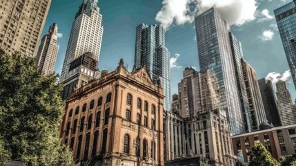 Fototapeta premium A historical landmark surrounded by modern skyscrapers.