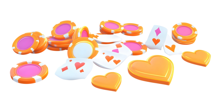 Illustration of Orange Casino Chips Hearts and Cards Scatter with Transparent Background for Gambling Fun and Entertainment