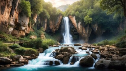 A serene waterfall cascades over smooth,