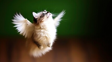 Fluffy cat mid-air with wings