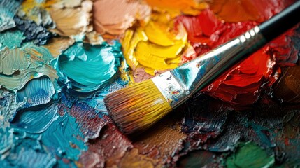 Artist's Paintbrush on Vibrant Oil Paint Palette