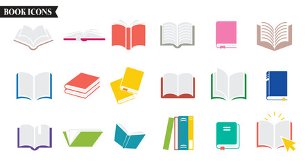 Books icon colorful clipart set. Textbook drawing icons clip art in open and closed pictogram school library elements multicolored collection vector illustration. 

