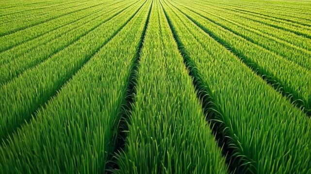 Vibrant green crops thriving in cultivated rows, a serene agricultural vista