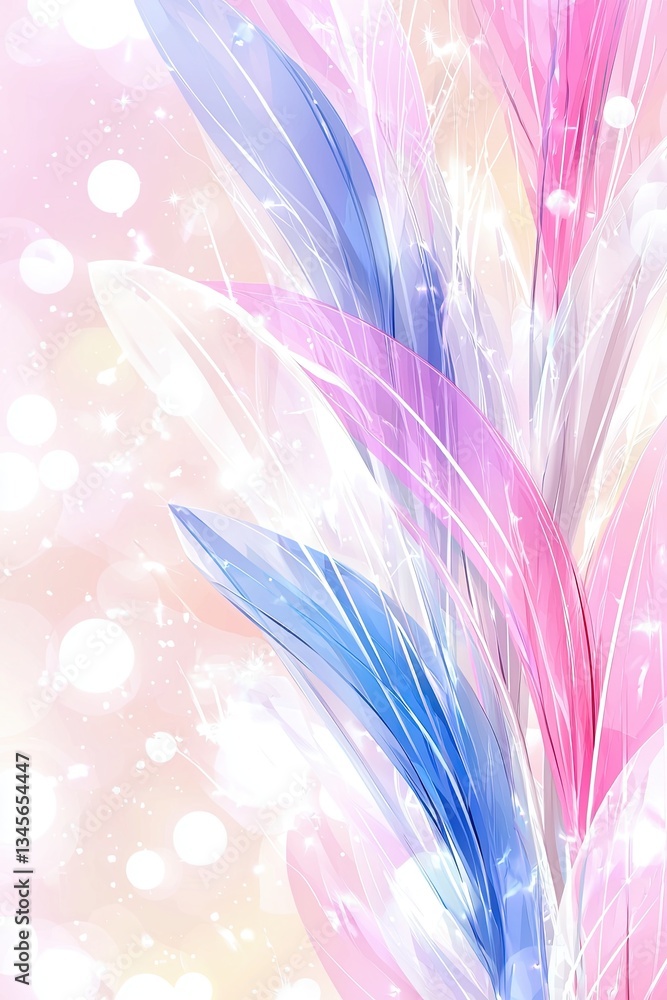 Poster vibrant abstract background with colorful feathers and soft bokeh lights in pastel tones