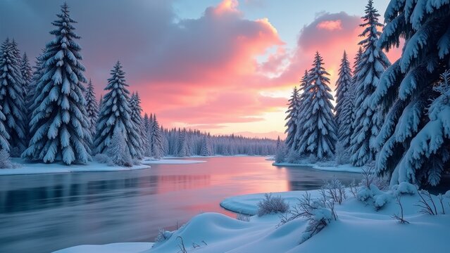 Serene winter landscape with snow-covered trees and a frozen lake - Powered by Adobe