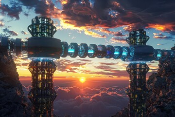 Fototapeta premium Futuristic towers linked by glowing object storage form a bridge against a vibrant sunset sky above the clouds.