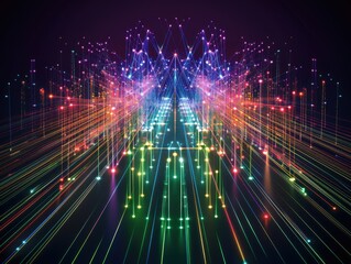 A futuristic symmetrical design with glowing optical fibers arranged in a geometric pattern radiating vibrant rainbow hues.