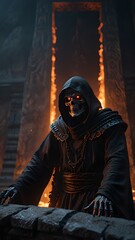 A grim reaper with glowing eyes stands at an ancient temple's edge, surrounded by flames from the underworld in a dark room.  