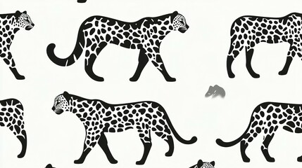 Several stylized black and white leopard illustrations are shown here