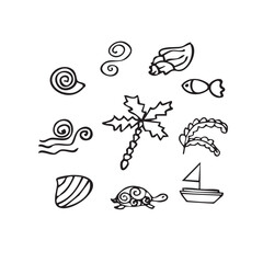 Vector illustration of the sea: shells, seaweed, palm trees, waves, fish, boat, turtle
