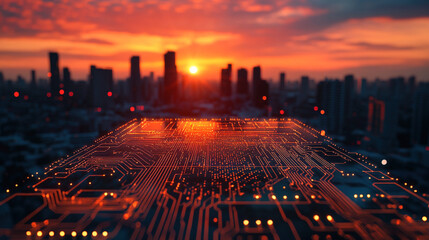 An overlay of a futuristic digital circuit board on a c