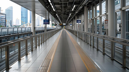 Obraz premium Perspective View Of A Modern Train Platform With Steel Railing Under A Metal Roof Showing City Buildings In The Background