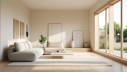 Fototapeta premium Serene Minimalist Japanese-Style Living Room Interior Design, Japandi living room interior with cozy beige couch, armchairs, modern minimalist design of apartment 