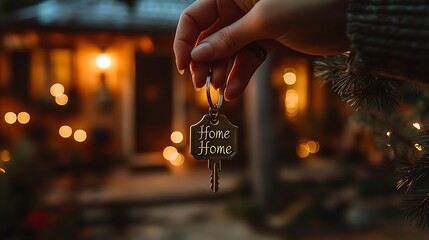A couple’s intertwined fingers holding a keyring with a “Home Sweet Home” tag, a cozy front porch with warm lighting in the background, sentimental and heartwarming ambiance. --ar 16:9