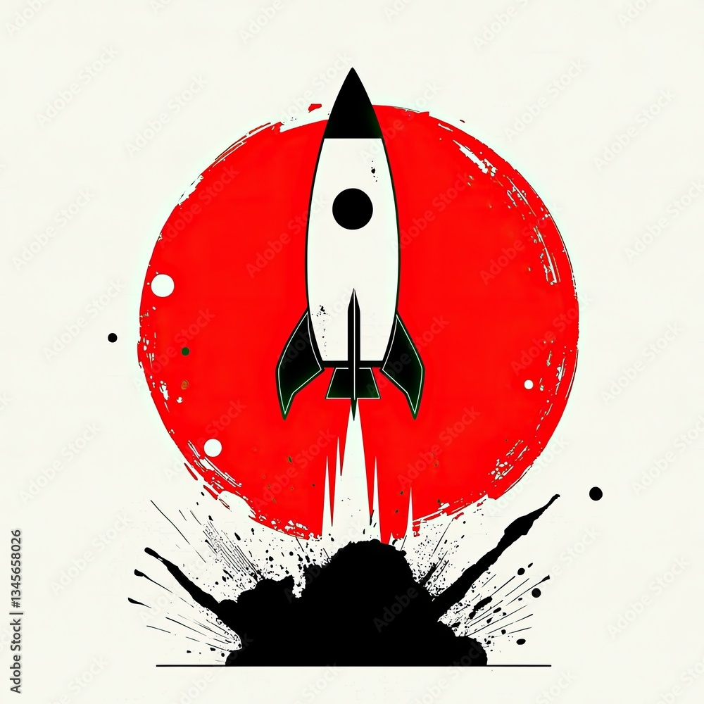 Aufkleber retro rocket launch with explosive background and red circular element