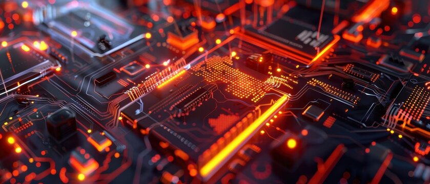 Cyberpunk GPU compute optimization, parallel processing visualized in warm light with CUDA cores and ray tracing elements,chromatic aberration.
