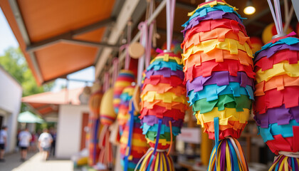 Fototapeta premium Colorful piñatas hanging at a festive market 