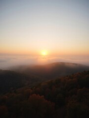 Fototapeta premium Serene sunrise paints misty hills warm autumnal hues. AI Generated