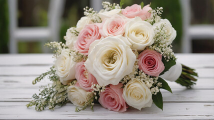 beautiful flower bouquet, Elegant Bridal Bouquet of Cream and Blush Roses with Green Leaves, Arranged for a Wedding, Placed on a White Surface