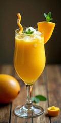 Fototapeta premium A glass of mango lassi, garnished with mint and served with a straw