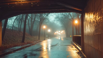 Rainy Night Under City Bridge: Misty Path Lit by Warm Lamplight