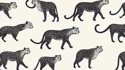 Illustration pattern showing several walking spotted big cats on display