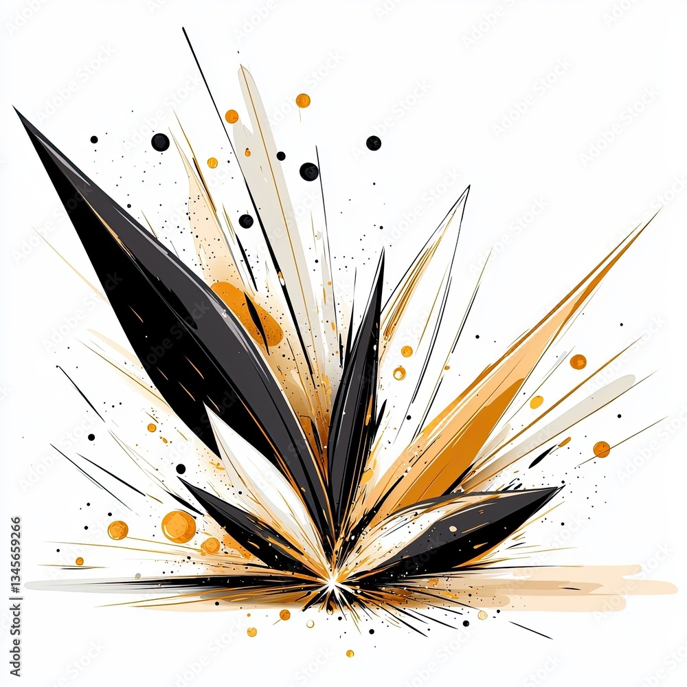 Poster dynamic abstract illustration of sharp black and gold shapes with energetic splashes