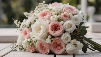 beautiful flower bouquet, Elegant Bridal Bouquet of Cream and Blush Roses with Green Leaves, Arranged for a Wedding, Placed on a White Surface