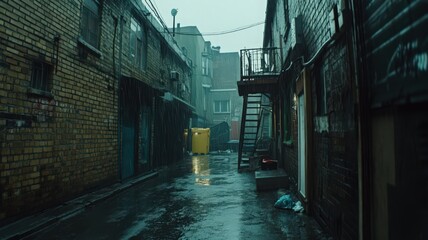 Fototapeta premium Rainy Urban Alleyway with Dark Brick Buildings and Metal Staircase