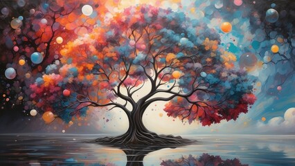 a tree with colorful leaves on a white background with the words