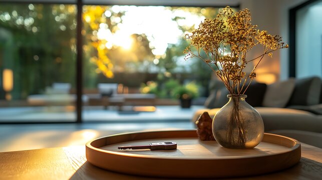 A key resting on a wooden tray near a glass door, minimalist furniture and natural light enhancing the serene, modern home atmosphere, smooth textures and soft tones. --ar 16:9