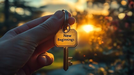 A key with a small "New Beginnings" tag dangling from a hand, warm sunset hues enhancing the background of a stylish contemporary house, cinematic storytelling vibe. --ar 16:9