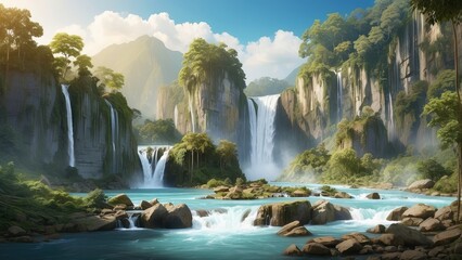 A stunning, serene waterfall cascades down a lush, green cliff into a clear,