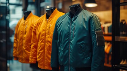 Obraz premium Stylish Bomber Jackets in a Fashion Boutique Display