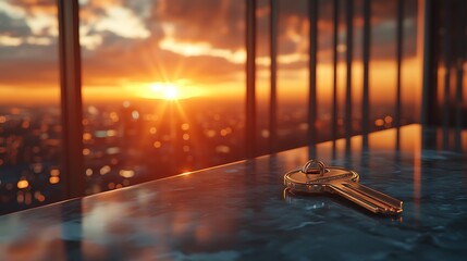 A luxury penthouse key resting on a marble countertop, with a blurred city skyline through floor-to-ceiling windows, golden sunset hues reflecting off glass buildings, high-end urban living.